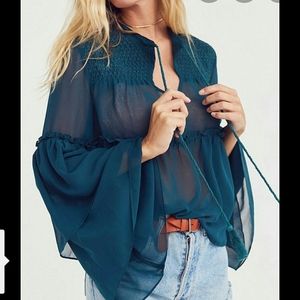 Ecote UO Teal Bohemian Semi Sheer Top Sz XS